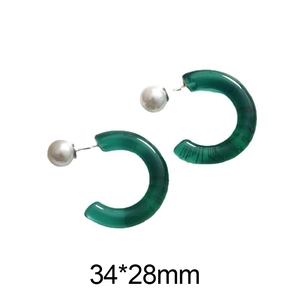 Deep green resin C-shape hoop earrings with white faux pearl detail and 34x28mm dimensions