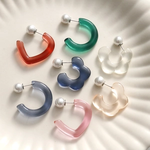 Translucent resin flower and heart earrings set in pastel colors with pearl accents