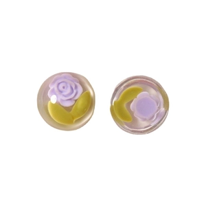 Japanese style resin earrings with purple rose and green leaf floral design