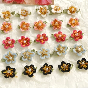 Handmade embroidered cotton flower patches with center pearl for DIY jewelry and crafts