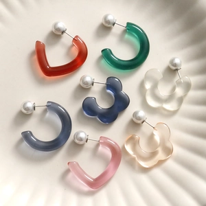 Translucent resin flower heart earrings with pearl accents in various colors and shapes