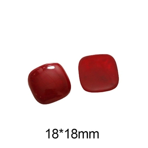 Pair of square red resin cabochons with smooth polished finish, size 18x18mm