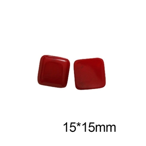 Detailed view of two 15x15mm red square resin DIY jewelry accessories with glossy finish