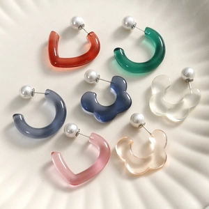 Translucent Resin Flower Heart C-Shaped Stud Earrings With Imitation Artificial Pearl Sweet Geometric Jewelry For Women Girls