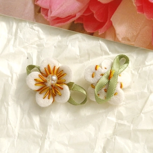 Detail of handmade fabric flower charm with intricate embroidery and shiny center bead