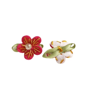 Handmade woven cotton flower hair clips with rose red felt, embroidery, and pearl detail