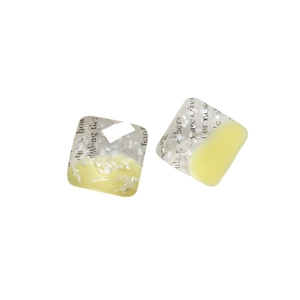 Square resin stud earrings with shell fragments and artistic lettering in yellow