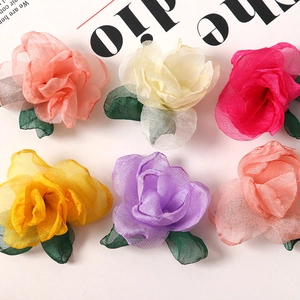 Delicate organza fabric flowers with green leaves for DIY hair and jewelry making