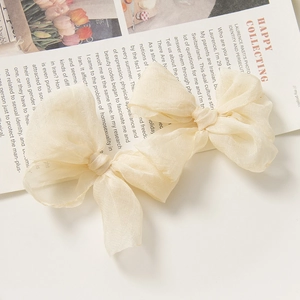 Detail von eleganten cremeweißen Organza-Bogen-Haaraccessoires auf einem Magazin