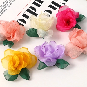 Colorful chiffon fabric rose flower heads with green leaves for DIY crafts hair accessories