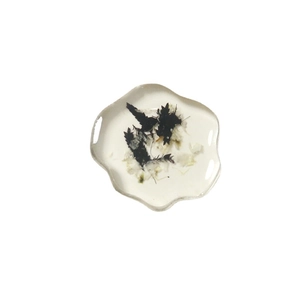 Irregular white resin dish with dark botanical pressed flower texture for DIY jewelry making