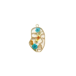 Ciondolo viso astratto con fiori secchi colorati e lega d'oro per gioielli fai-da-te