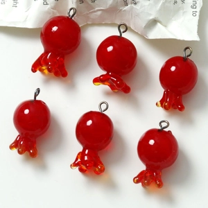 Set of 6 realistic red pomegranate glass pendants with metal loops for DIY jewelry making