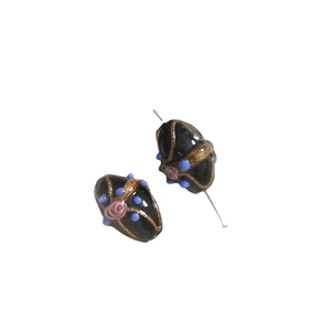 Oval handmade glass beads with gold dust swirls and pink rose flowers for DIY jewelry