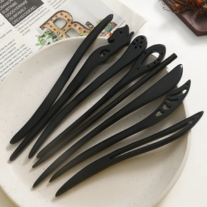 Set of eight handcrafted sandalwood hairpins with classical floral and fox carvings