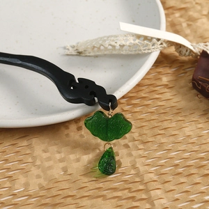 Classic Chinese sandalwood hair pin with elegant green Ruyi lock pendant accessory