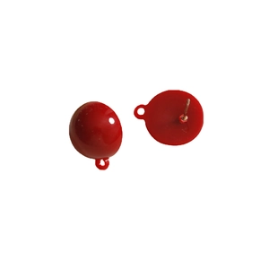 Pair of glossy red resin hemisphere stud earrings with metal loops on white background