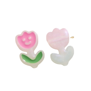 Cute resin tulip flower charms with smiley face and pink pearlescent finish for DIY jewelry