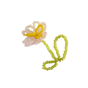 Handmade pink flower and yellow butterfly beaded pendant with green glass bead loop