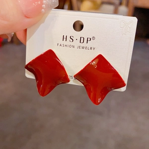 Fashionable red irregular geometric enamel stud earrings with polished mirror finish
