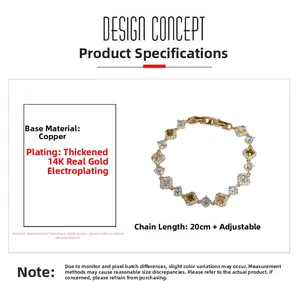 Détail macro du bracelet en cuivre plaqué or 14K avec zircons cubiques multicolores