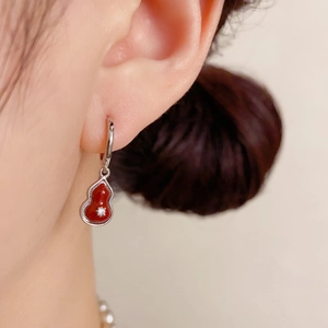 Modern red Wu Lou gourd earring with silver hoop and sparkling center gemstone