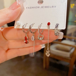 Vintage red gourd pearl earring set with silver chain fringe tassels for women