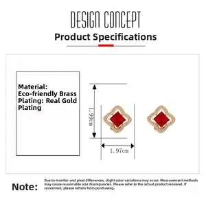 Vue détaillée des boucles d'oreilles zircon rouge avec dimensions et placage en laiton