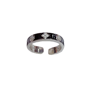 Bague ajustable argentée rétro avec émail noir et motif floral en zircons brillants