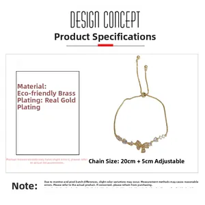 Detail of cubic zirconia bow bracelet in gold plated brass with adjustable 20+5cm chain