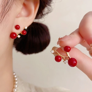Elegant Cherry Shape Red Artificial Pearl Earrings Gold Plated Eco-friendly Copper With Zirconia Accents Fashion Jewelry For Women