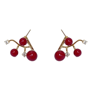 Elegant cherry shaped earrings with red pearls and sparkling crystals on gold stems