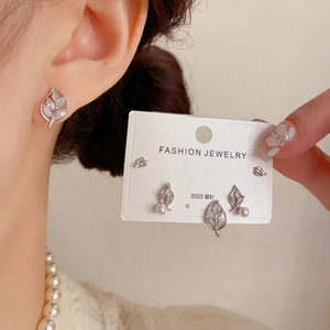 Detail of silver leaf earrings set with pearls and crystals on S925 needles