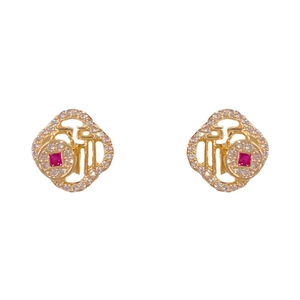 Pendientes dorados de lujo Fu con circonitas y una piedra preciosa roja cuadrada central