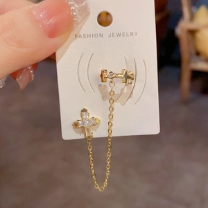 French vintage gold cross earring set with chain tassel and zircon ear cuff