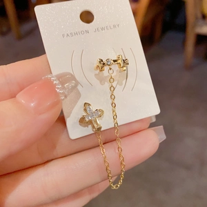 French Vintage Copper Gold Plated Cross Chain Tassel Ear Cuff For Women Unique Rhinestone Inlaid Cartilage Clip Earring