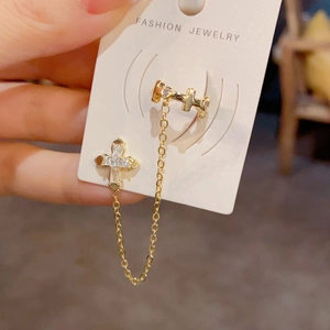 French retro gold cross stud and ear cuff chain with zircon stones for women