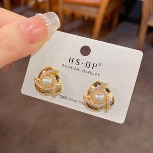 French style triangle pearl earrings with micro-set zircon and 925 silver posts