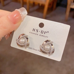 French luxury triangle pearl stud earrings with sparkling cubic zirconia on S925 silver post
