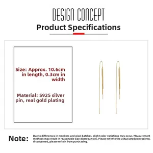 Detail view of 10.6cm long tassel chain earrings with s925 silver needles and gold plating