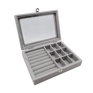 Gray suede jewelry organizer box with transparent window and metal clasp for rings