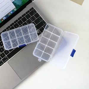 Scatola portaoggetti trasparente a 10 scomparti in plastica con chiusura blu