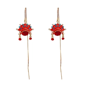 Traditional Chinese Peking Opera style long tassel earrings with red phoenix crown design