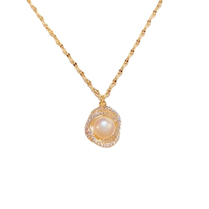 Elegant gold-plated freshwater pearl necklace with zircon encrusted double loop pendant