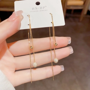 Koreaanse Koperen Zirconia Ronde Bal Doortrek Oorbellen Voor Dames Elegant Goud Zilver Verguld Lange Kwast Sieraden Cadeau