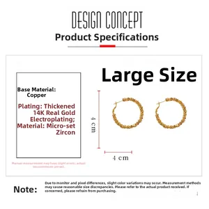 Vue détaillée des grandes créoles de 4cm avec placage or 14K et zircons sertis