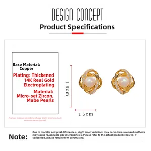 Dettaglio orecchini a vortice placcati oro 14K con perla Mabe e micro zirconi