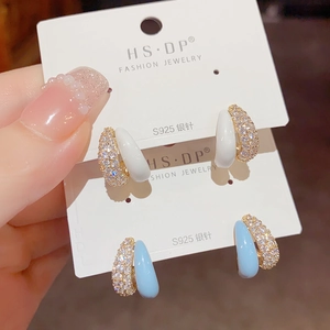 Elegant Gold Plated Copper Hoop Earrings With 925 Sterling Silver Post Rhinestone Drip Oil Enamel Stud Earrings For Women Jewelry