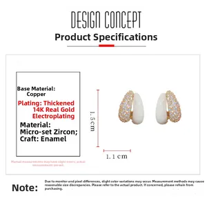 Detail view of 14K gold plated teardrop earrings with white enamel and micro zircons