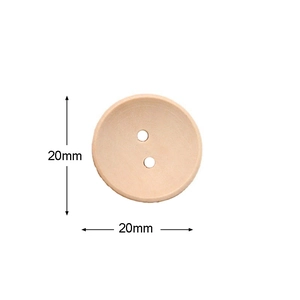 Detail view of a 20mm round natural wooden button with two holes for garment sewing